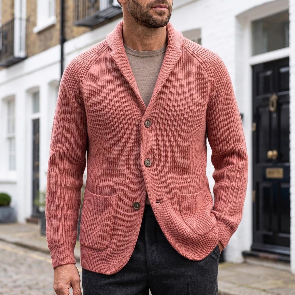 Hamish Ribbed Shawl Collar Wool Cardigan