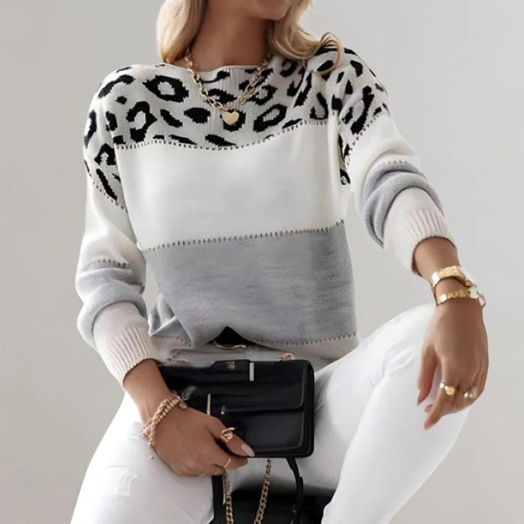Heidi | Ribbed Knit Sweater with Crew Neck and Animal Print for Women