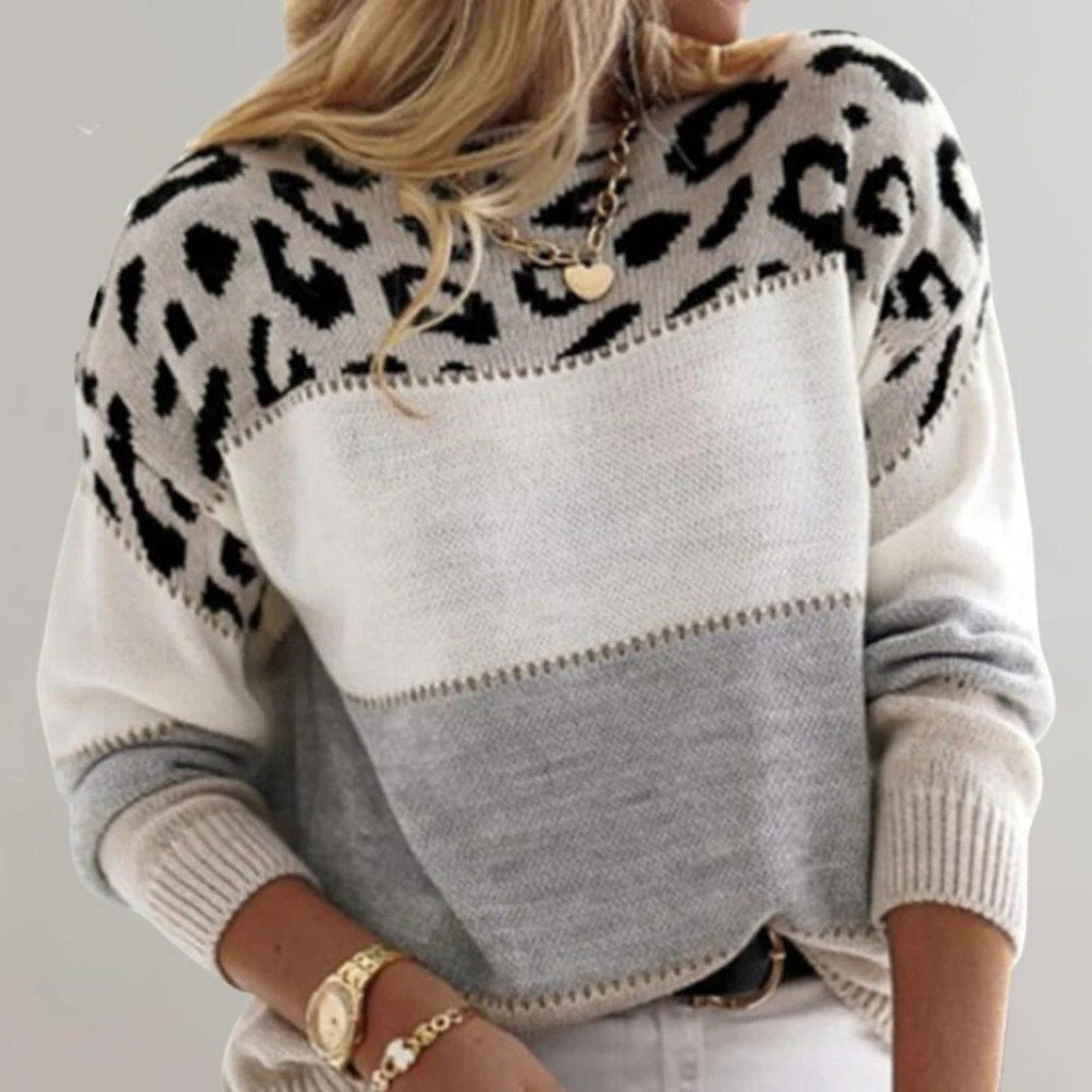 Heidi | Ribbed Knit Sweater with Crew Neck and Animal Print for Women