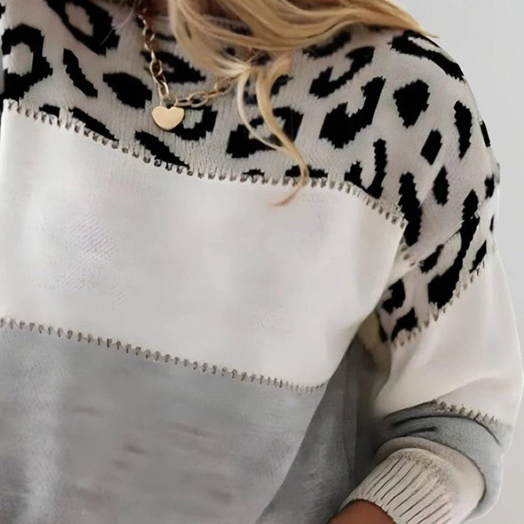 Heidi | Ribbed Knit Sweater with Crew Neck and Animal Print for Women