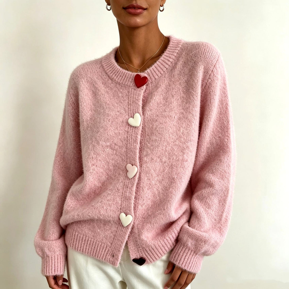 Henrietta - Women's Heart Button Crew Neck Knit Cardigan