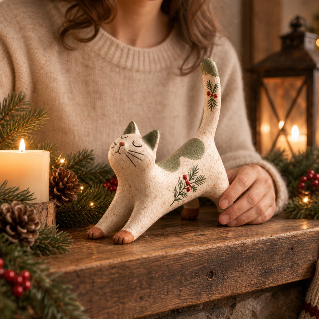 Hearthwhisk – Speckled Woodland Stretching Cat Figurine
