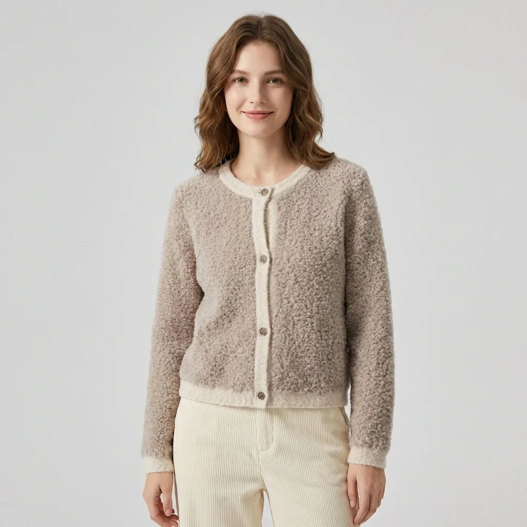 Women's Textured Teddy Button Cardigan with Ribbed Trim