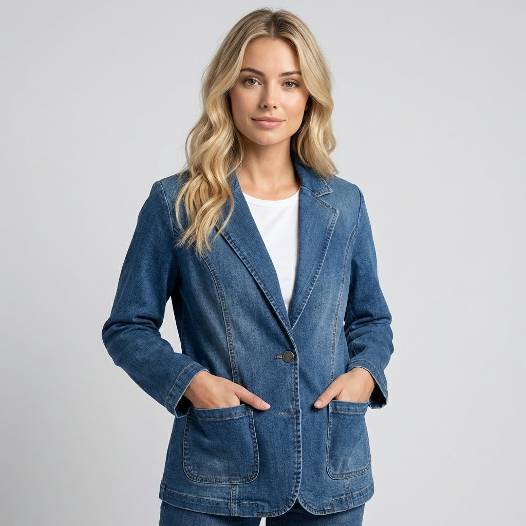 Women's Tailored Denim Blazer with Notched Lapels