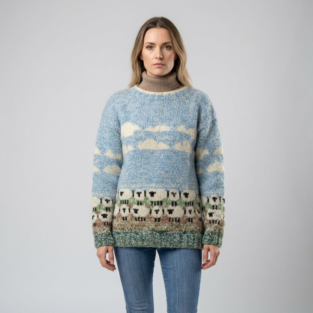 Women's Sheep Motif Pullover Sweater with Long Sleeves