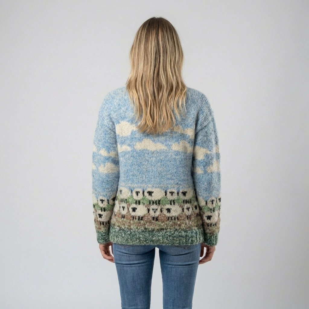 Women's Sheep Motif Pullover Sweater with Long Sleeves