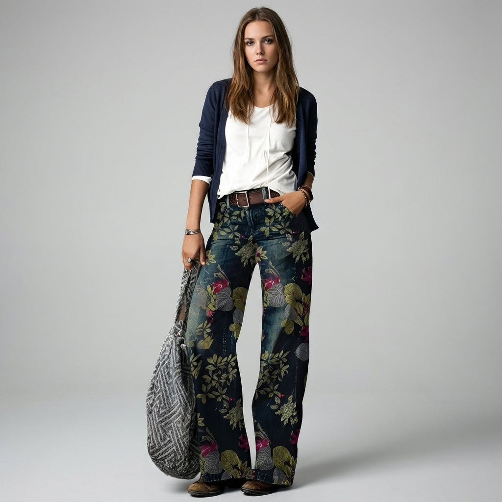 Women's Floral Wide-Leg Jeans with Mid-Rise Waist