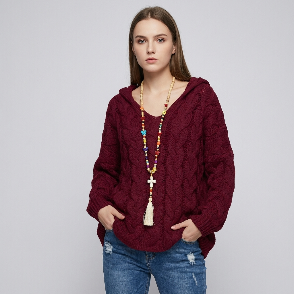 Women's Oversized Cable Knit Hooded Sweater V-Neck