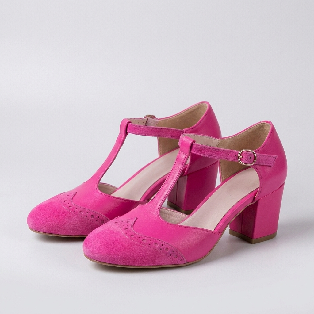 Women's T-Strap Block Heel Pumps with Closed Toe