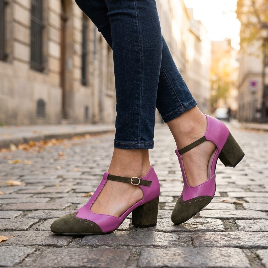 Women's T-Strap Block Heel Pumps with Closed Toe
