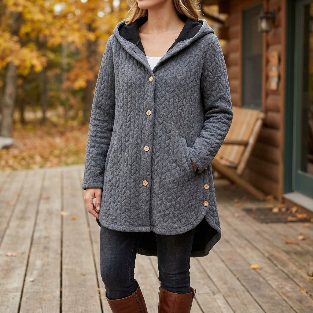 Women's Quilted Button-Front Hooded Jacket with Pockets