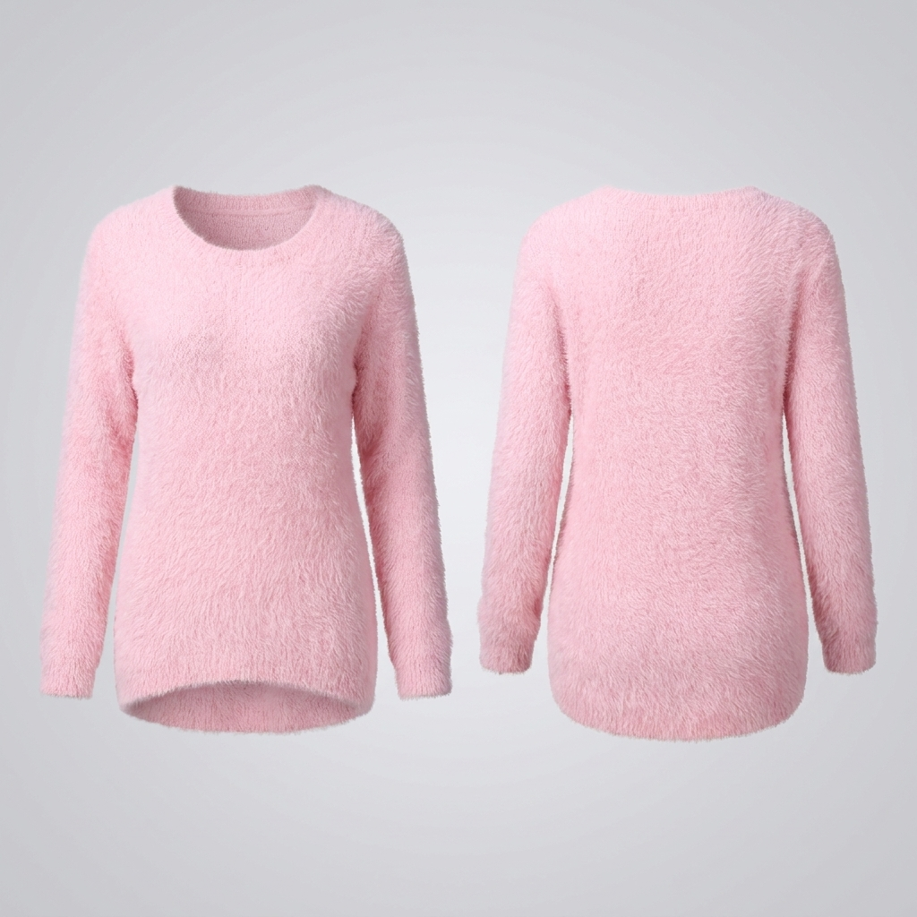 Women's Fuzzy Crew Neck Sweater Relaxed Fit Long Sleeve
