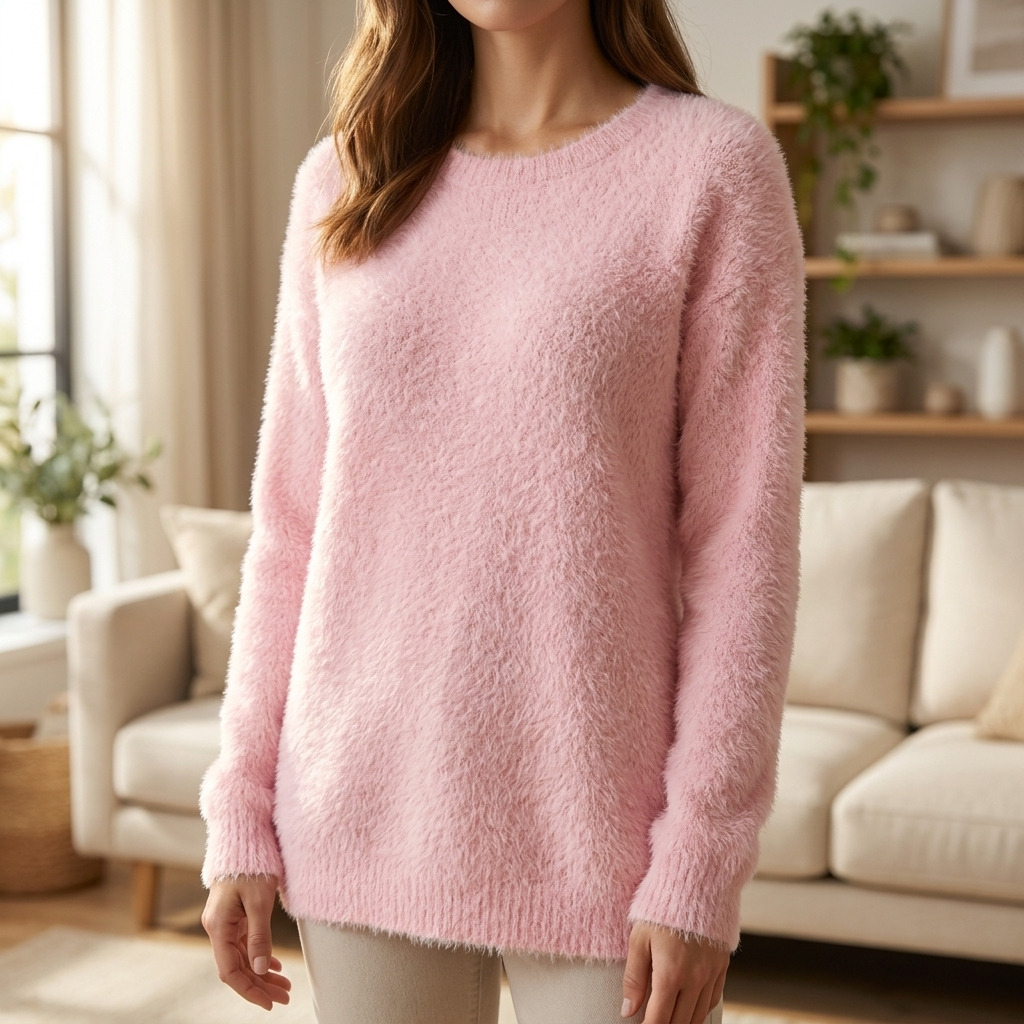 Women's Fuzzy Crew Neck Sweater Relaxed Fit Long Sleeve