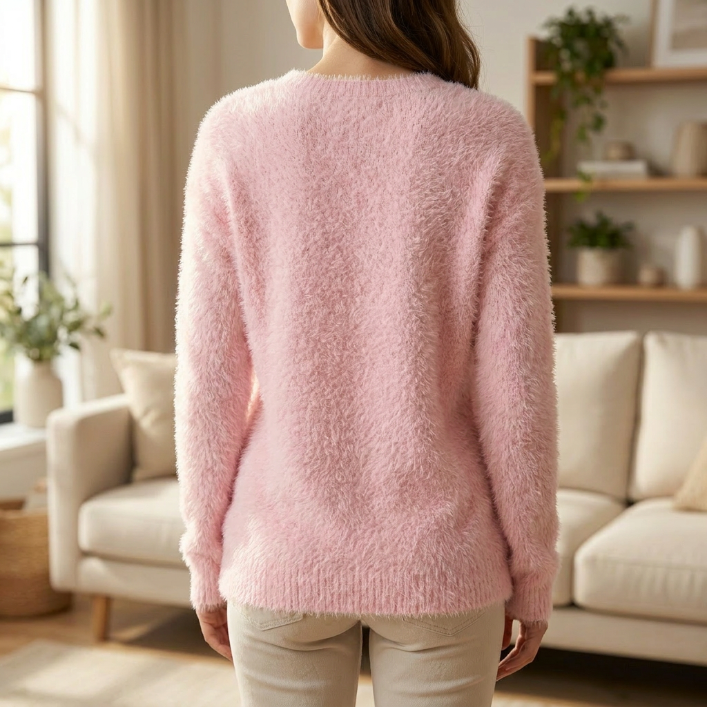 Women's Fuzzy Crew Neck Sweater Relaxed Fit Long Sleeve