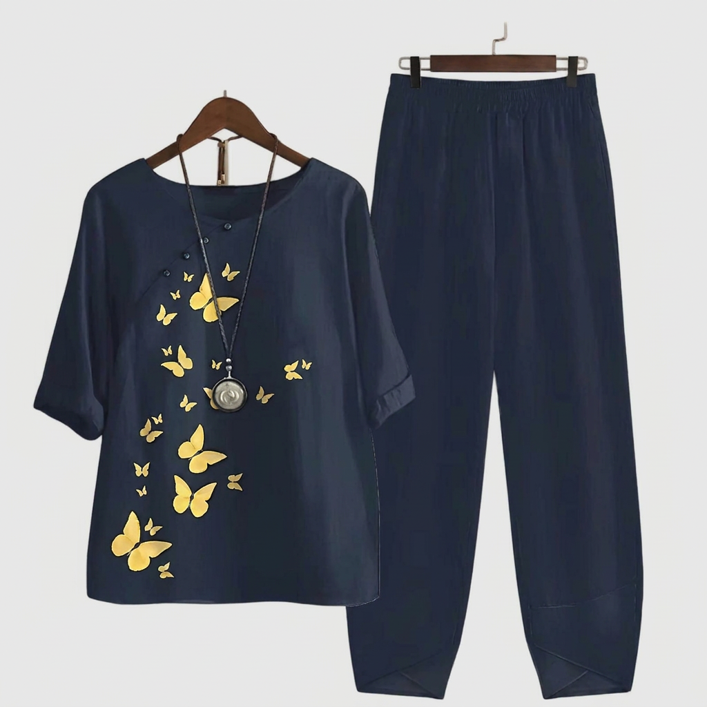 Women's Butterfly Print Two-Piece Set with Elastic Waist