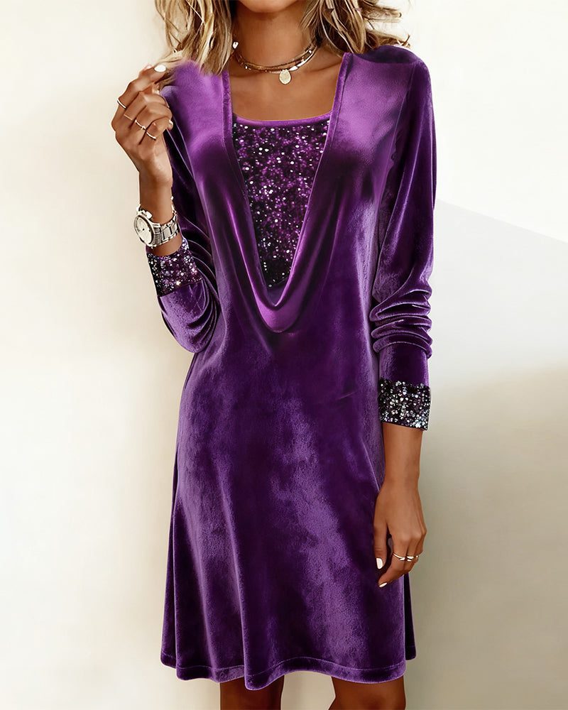 Idyll | Sequin Velvet Knee-Length Dress with Long Sleeves for Women