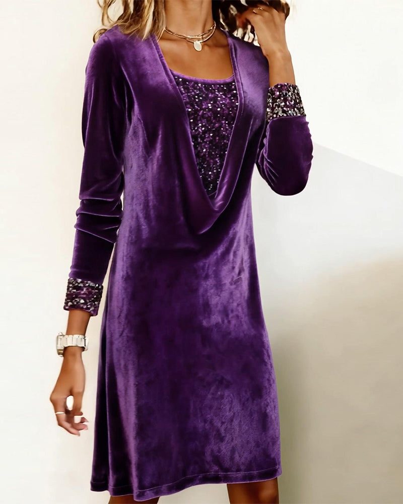 Idyll | Sequin Velvet Knee-Length Dress with Long Sleeves for Women