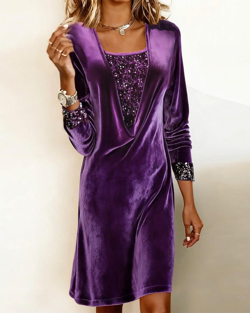 Idyll | Sequin Velvet Knee-Length Dress with Long Sleeves for Women