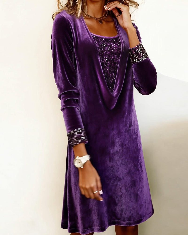 Idyll | Sequin Velvet Knee-Length Dress with Long Sleeves for Women