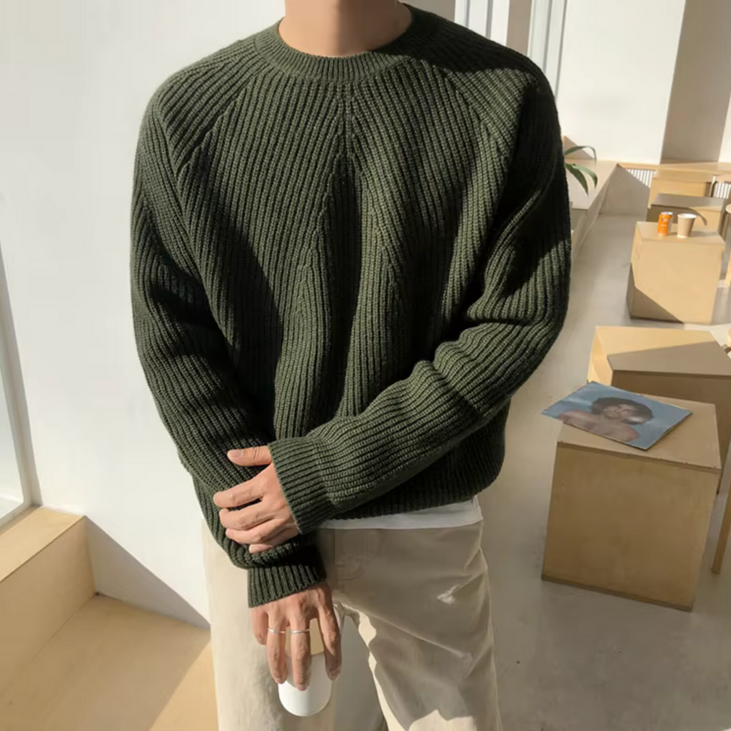 Men's Ribbed Crew Neck Sweater, Long Sleeves, Relaxed Fit