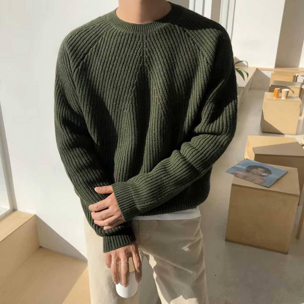 Men's Ribbed Crew Neck Sweater, Long Sleeves, Relaxed Fit