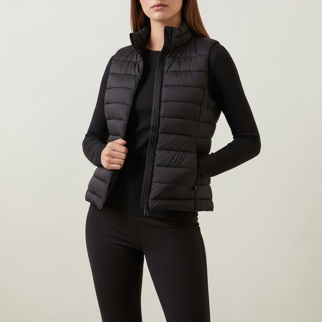 Women's Quilted Stand Collar Zip Vest, Sleeveless Layer