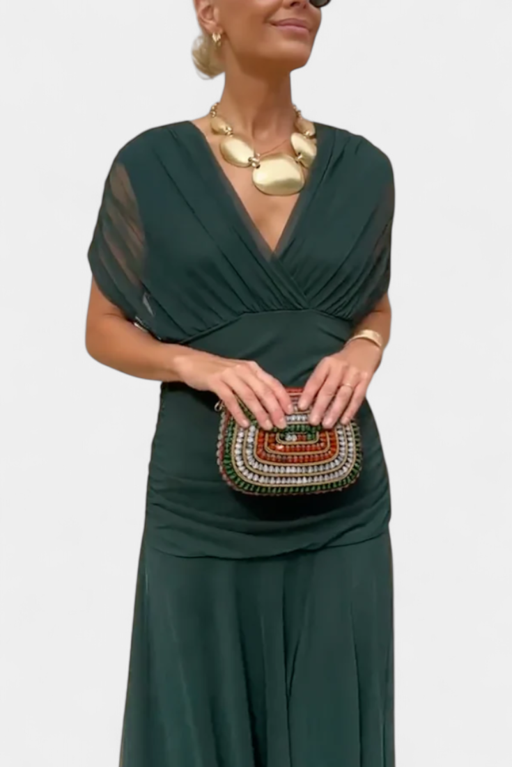 Women's Elegant Dress with V-Neckline and Pleated Waist