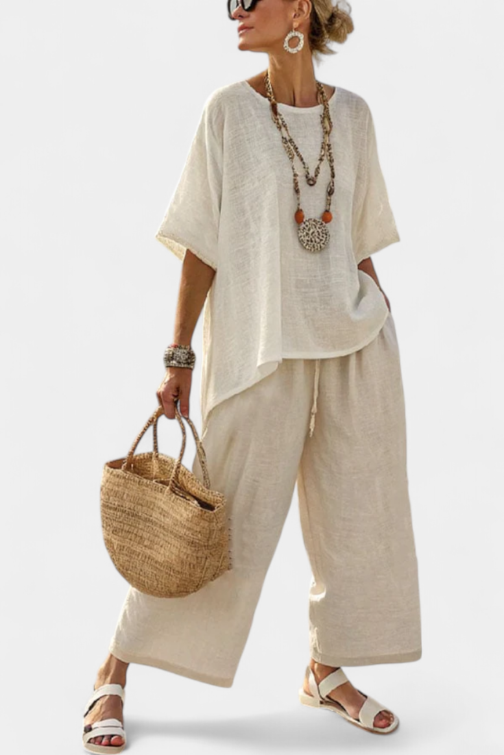 Drevon | Comfortable Minimalist Raw Blouse & Wide-Leg Pants