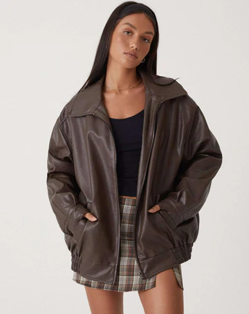 Women's Oversized Faux Leather Jacket with Zipper