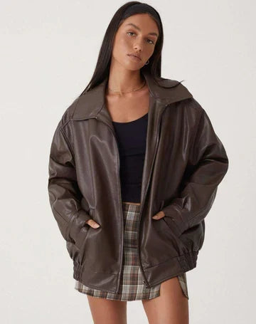 Women's Oversized Faux Leather Jacket with Zipper