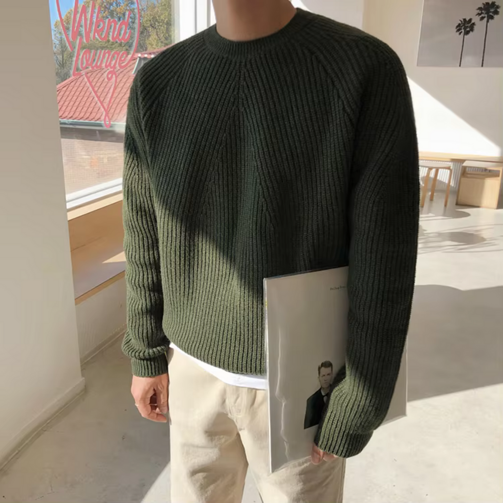 Men's Ribbed Crew Neck Sweater, Long Sleeves, Relaxed Fit