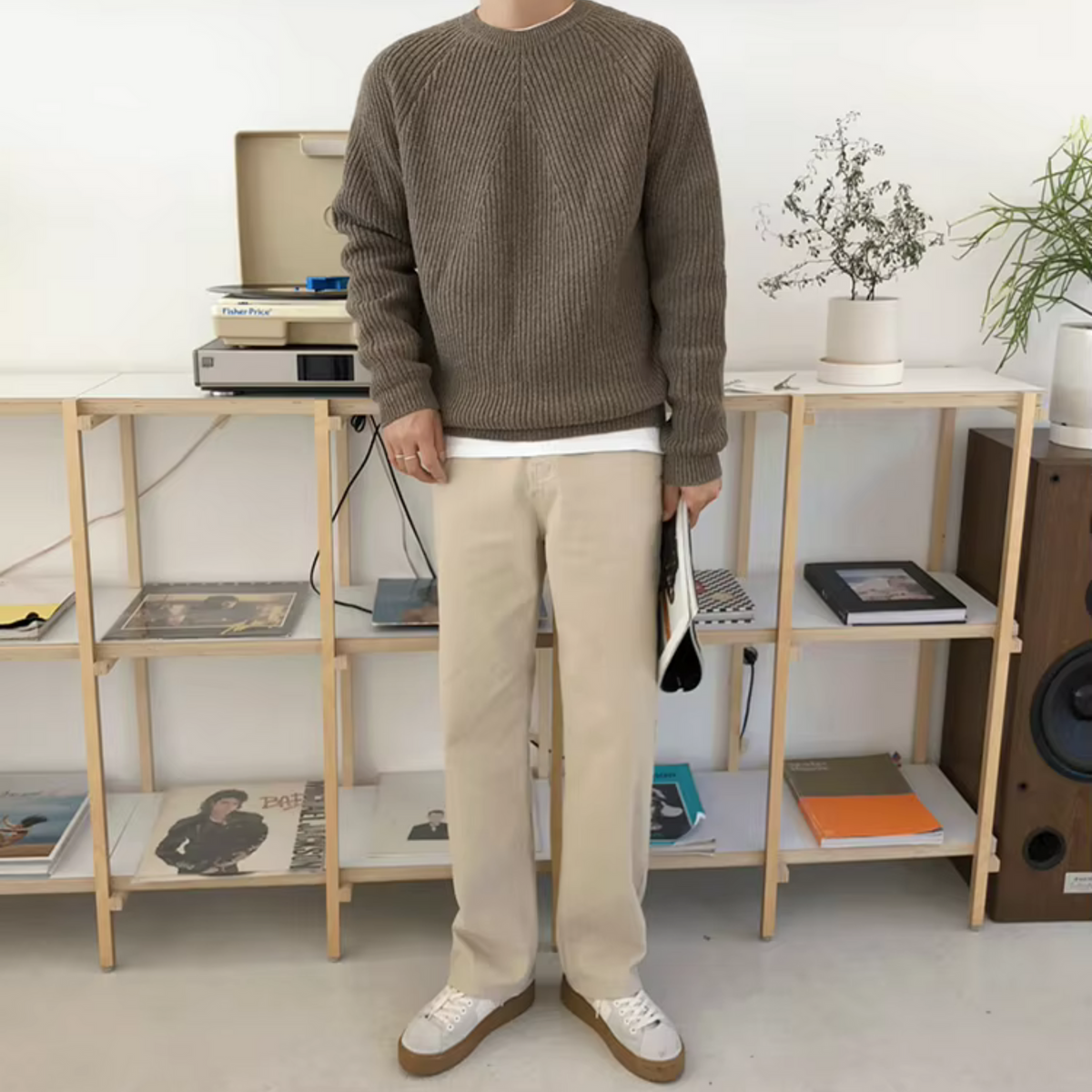 Men's Ribbed Crew Neck Sweater, Long Sleeves, Relaxed Fit
