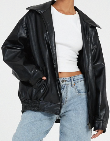 Women's Oversized Faux Leather Jacket with Zipper