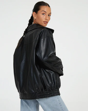 Women's Oversized Faux Leather Jacket with Zipper