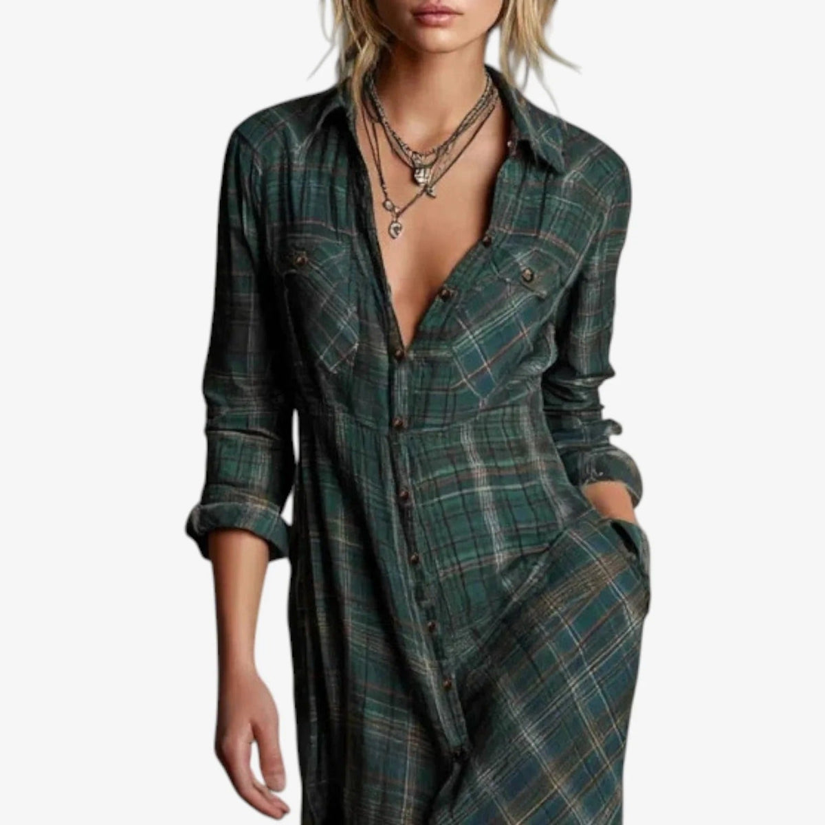 Women's Casual Checkered Dress with Button-Down Detail and Side Pockets
