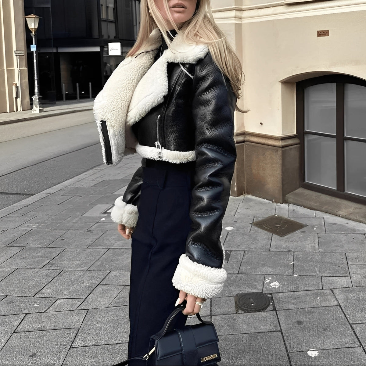 Women's Shearling Aviator Jacket with Zip Front Closure