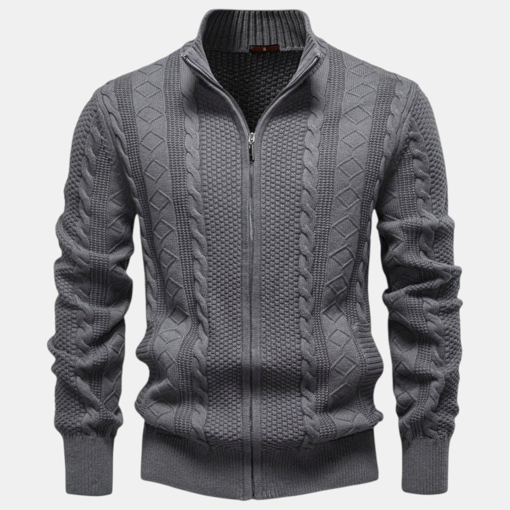 Men's Cable Knit Zip-Up Sweater, Stand Collar, Long Sleeves