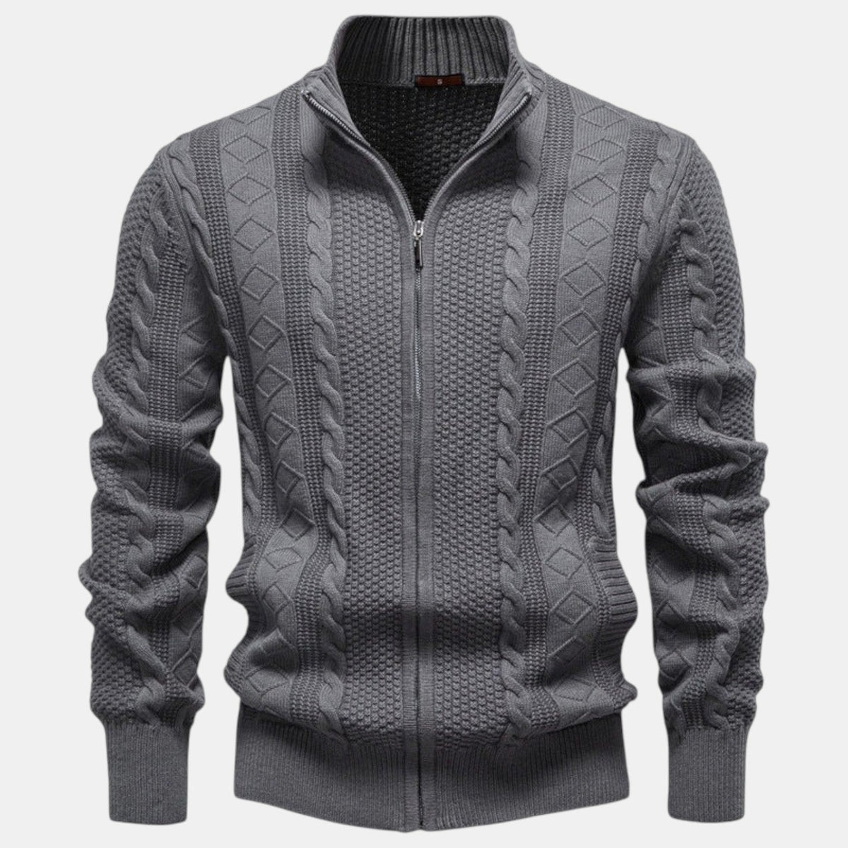 Men's Cable Knit Zip-Up Sweater, Stand Collar, Long Sleeves