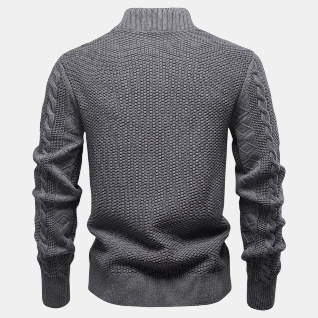 Men's Cable Knit Zip-Up Sweater, Stand Collar, Long Sleeves