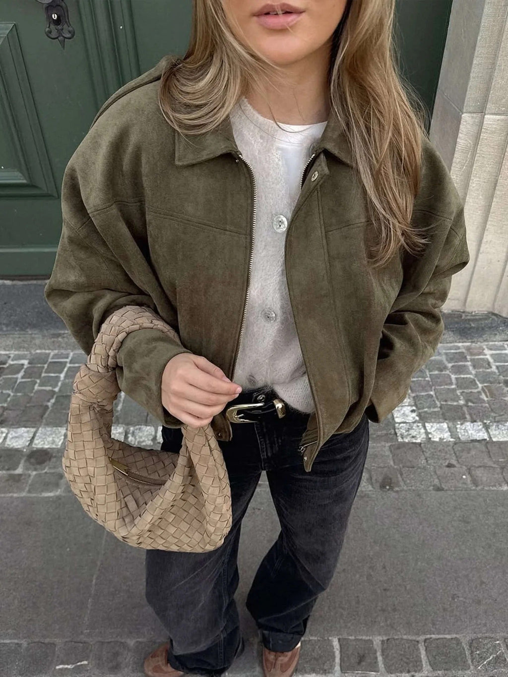 Montarello Women's Faux Suede Bomber Jacket with Collar