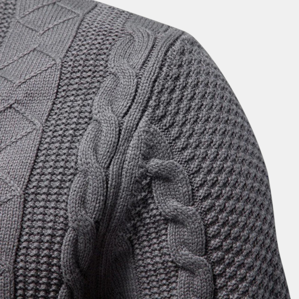 Men's Cable Knit Zip-Up Sweater, Stand Collar, Long Sleeves