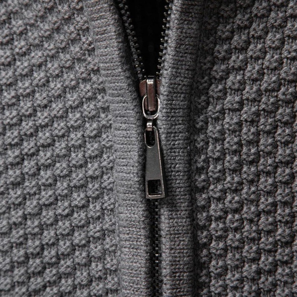 Men's Cable Knit Zip-Up Sweater, Stand Collar, Long Sleeves