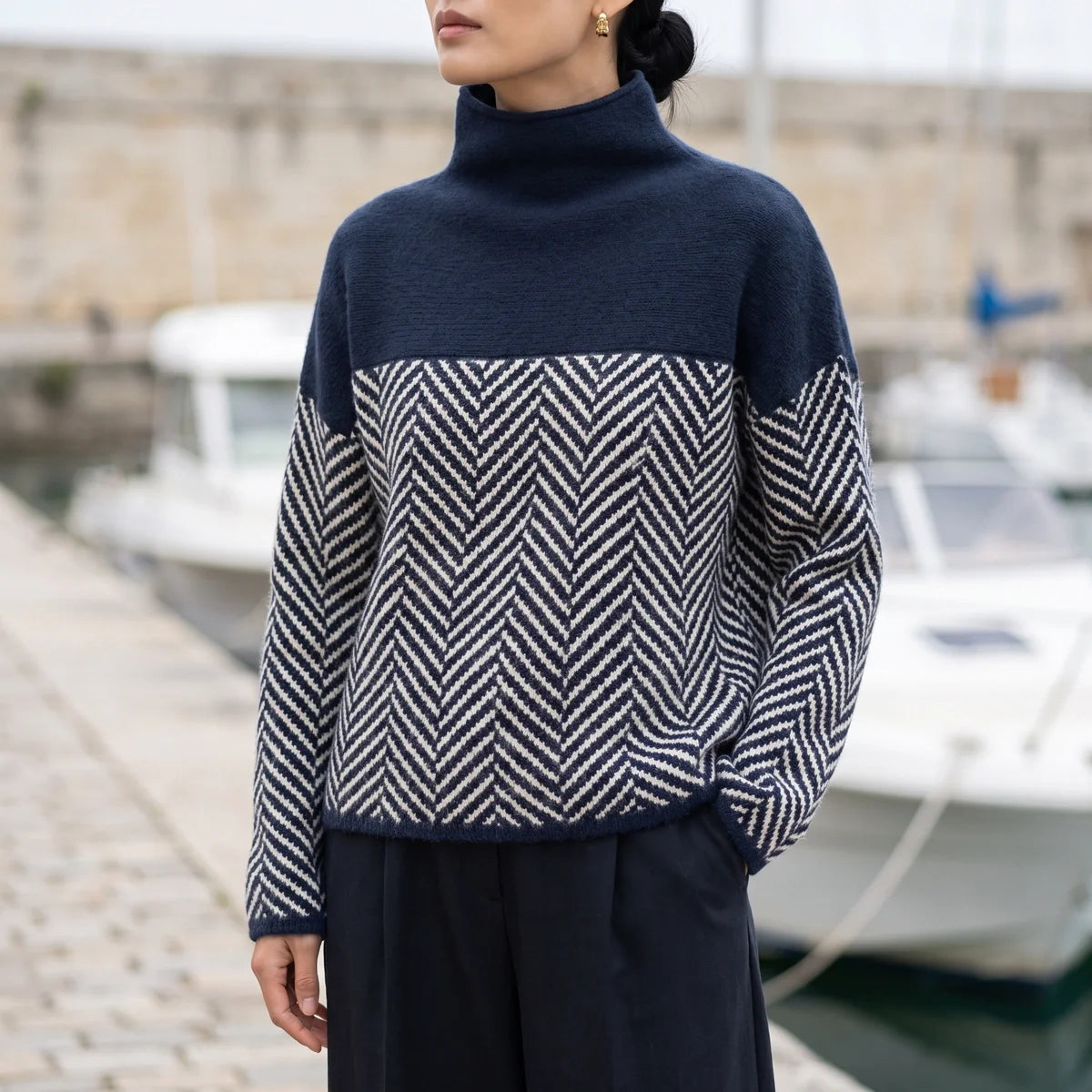 Iolanthe Herringbone Knit Solid Yoke Turtleneck