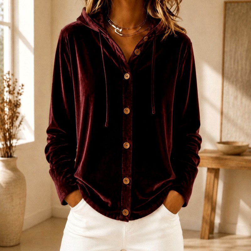 Isabel - Women's Velvet Button-Front Hooded Carrdigan