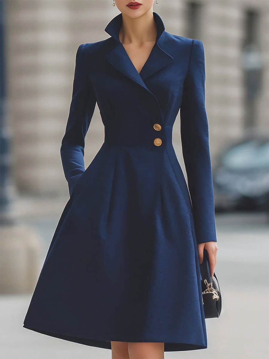 Women's Navy Tailored Midi Dress, Peak Lapels, Long Sleeves