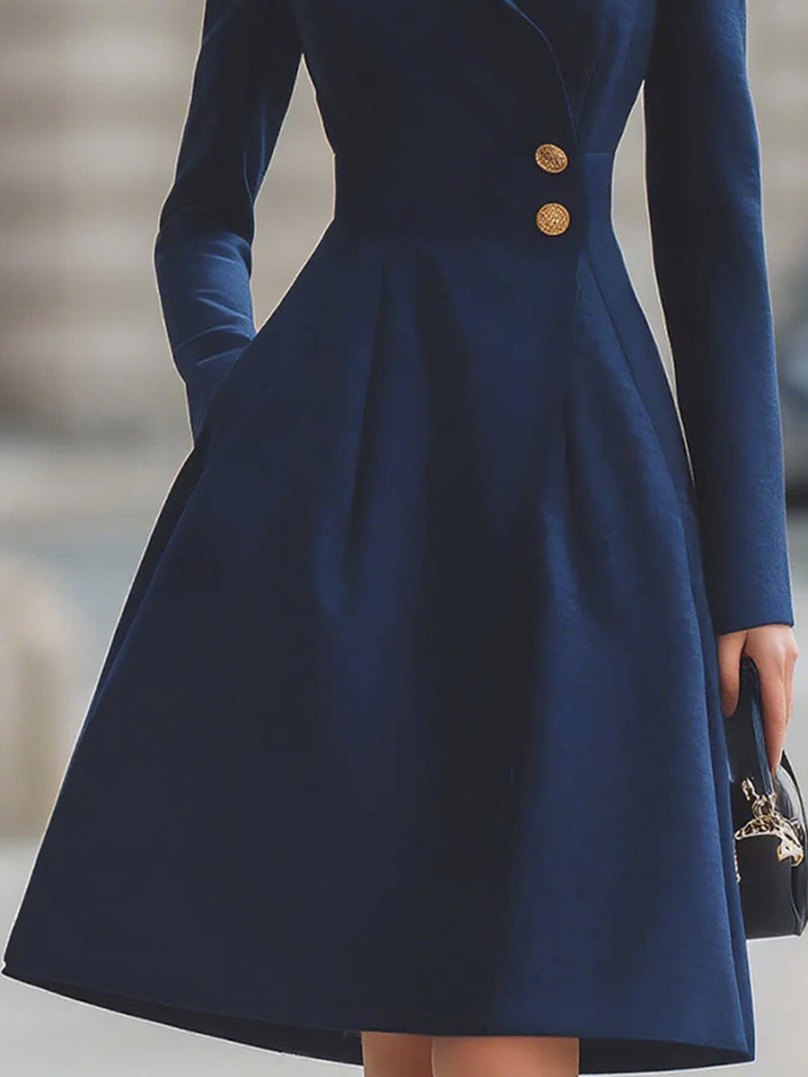 Women's Navy Tailored Midi Dress, Peak Lapels, Long Sleeves