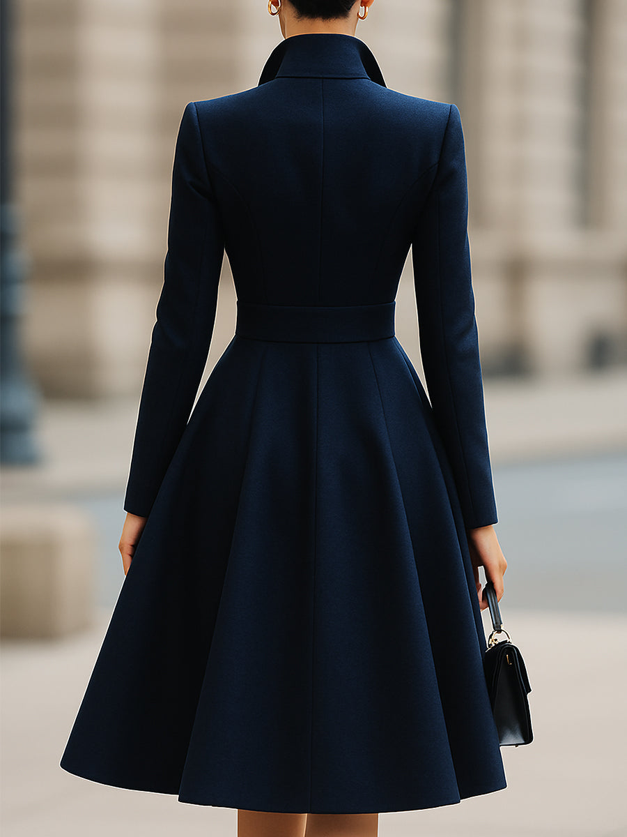 Women's Navy Tailored Midi Dress, Peak Lapels, Long Sleeves