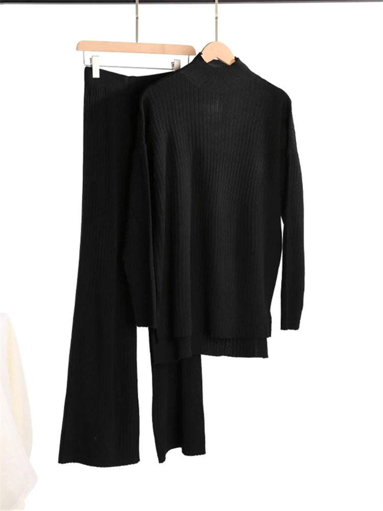 Women's Ribbed Sweater Set with Mock Neck Top and Pants