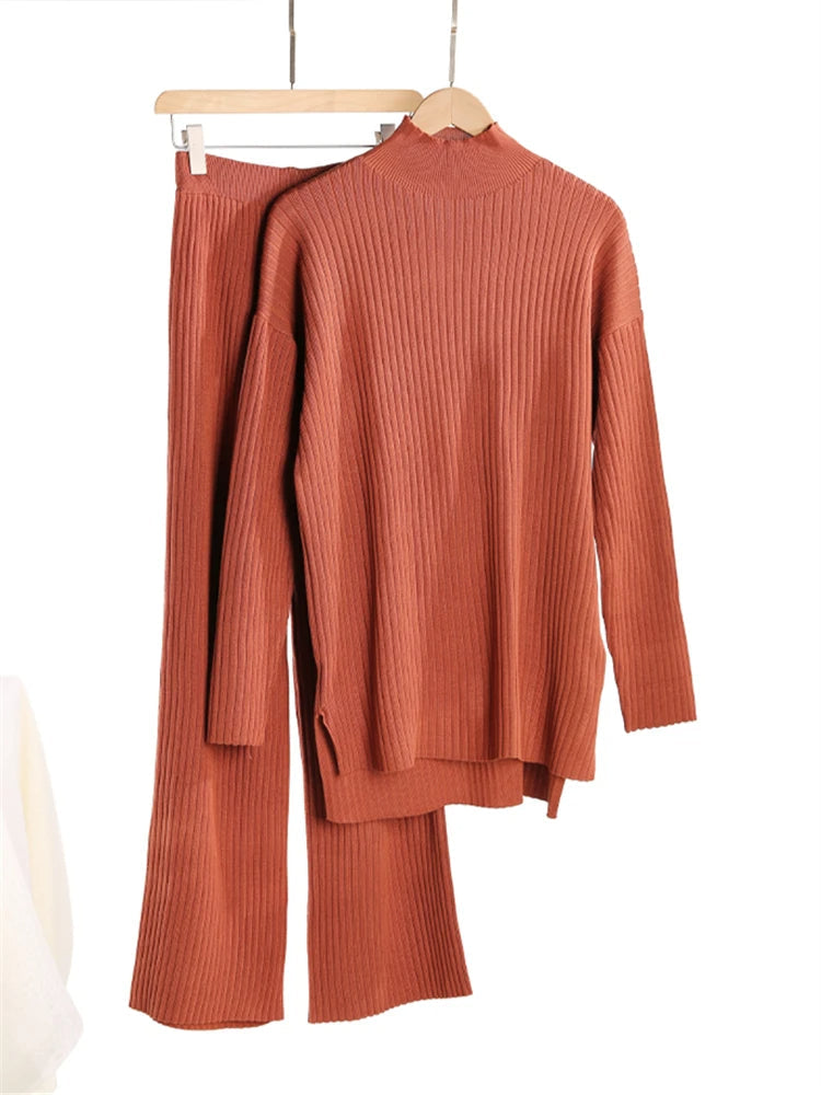 Women's Ribbed Sweater Set with Mock Neck Top and Pants