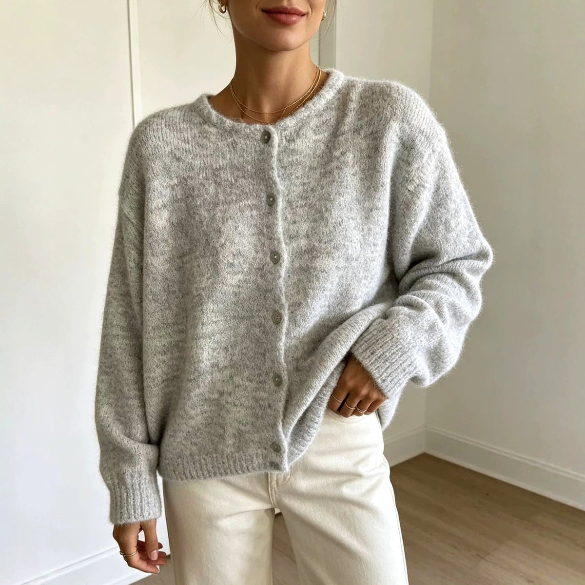 Jewel - Women's Crew Neck Button-Front Knit Cardigan
